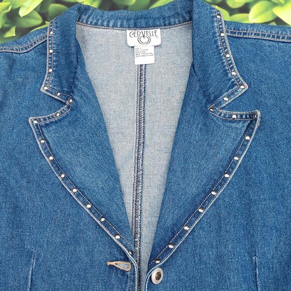 Vintage Cervelle Long Fitted Denim Jacket Jean Blazer Frayed Stud Trim sz Large - Picture 3 of 15